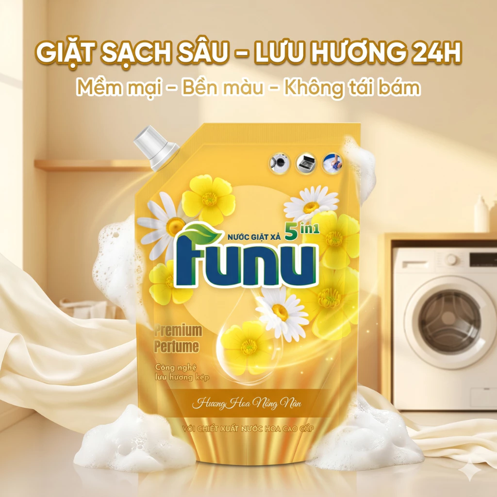 Nước giặt xả Funu 3.6kg hương nước hoa cao cấp, giặt sạch nhanh ngăn tái bám lưu hương 24h, màu vàng