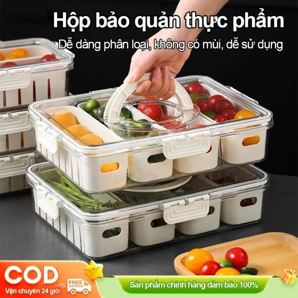 Hộp bảo quản thực phẩm chia ngăn có quai xách, lưới lọc nước, chống rò rỉ, không mùi, dùng cho tủ lạnh đi picnic