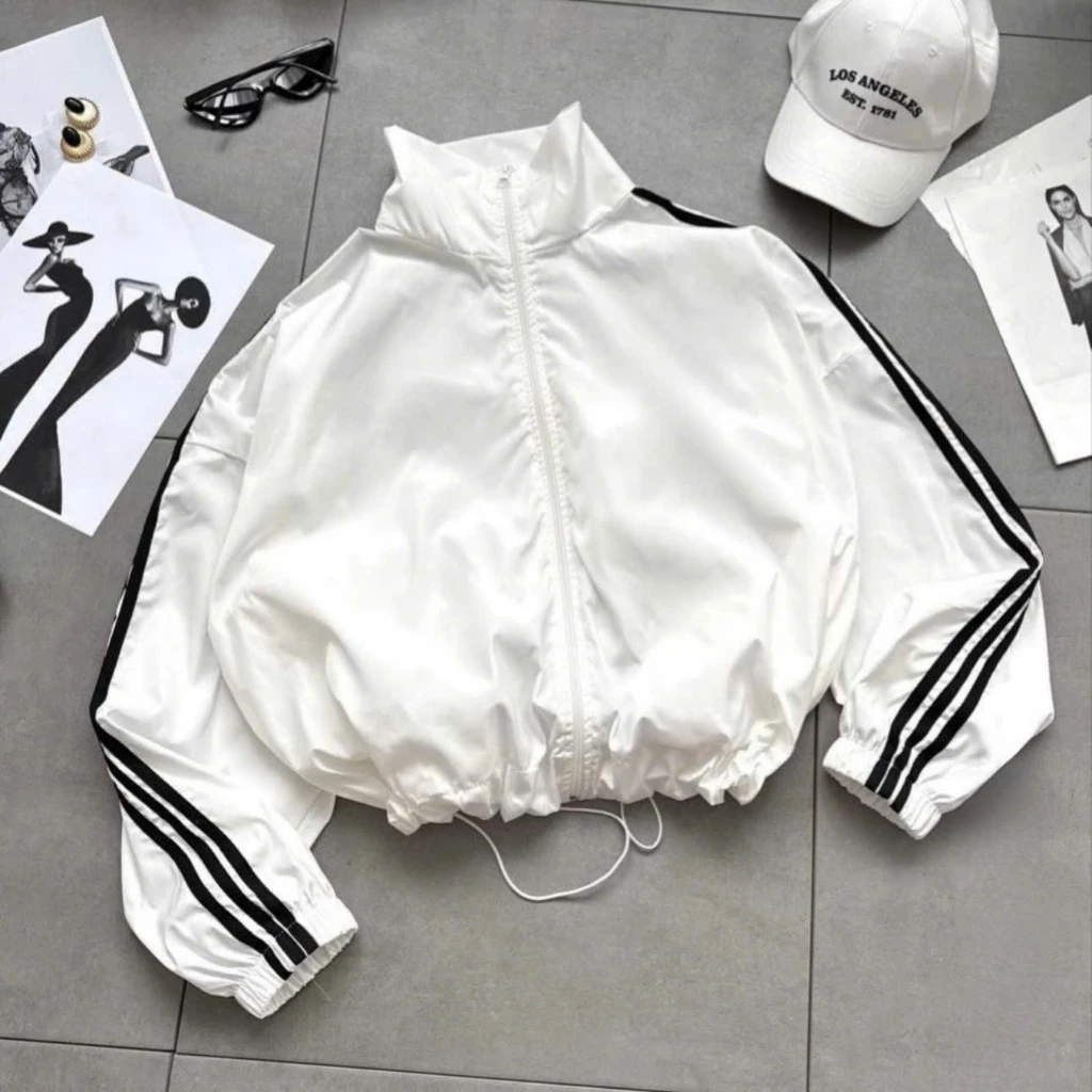 Áo Khoác Dù Nữ 2 Lớp Croptop Không Nón Thiết Kế Khóa Kéo Phối Tay 3 Sọc Chống Nắng Chống Gió
