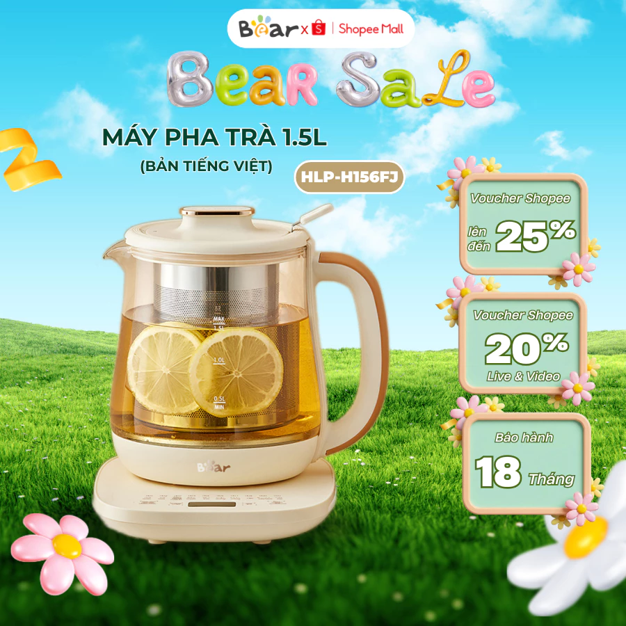 Ấm đun pha trà 1.5L siêu tốc Bear HLP-H156FJ - Công suất 800W, Giữ nhiệt, Kèm Lõi Lọc,BH 18 Tháng