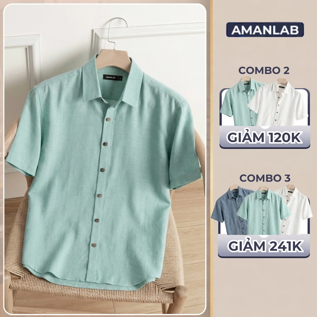 Áo sơ mi nam ngắn tay chất vải linen sợi sồi, mềm mại thoáng mát. form regular SUMMER LINEN  AMANLAB