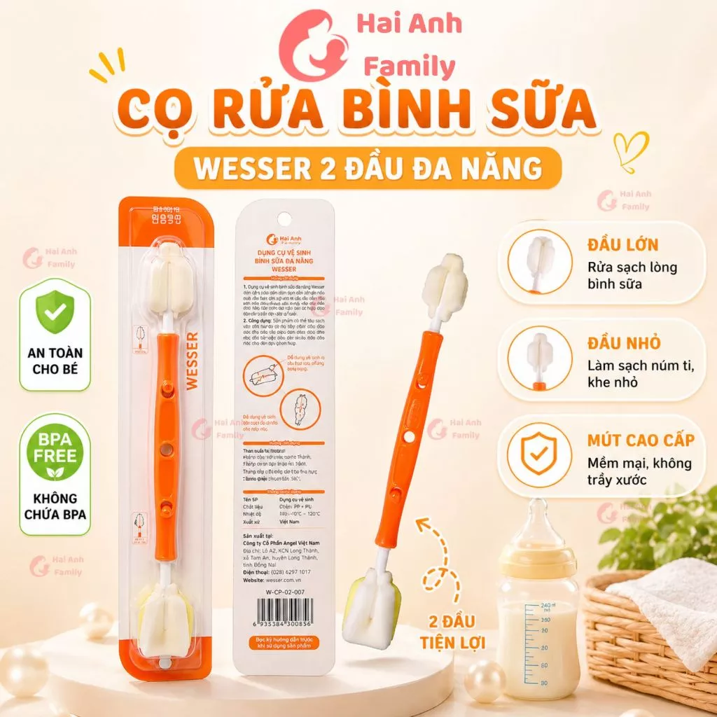 Cọ rửa bình sữa Wesser 2 đầu đa năng, dụng cụ vệ sinh bình sữa, núm ti cao cấp