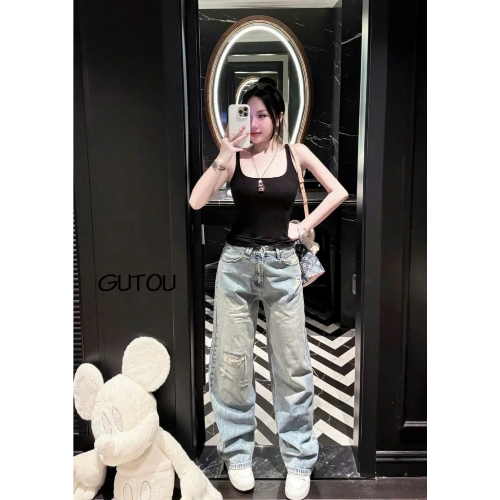 [ GUTOU ] Quần Jean Suông Wash Nhẹ Rách Gối G237