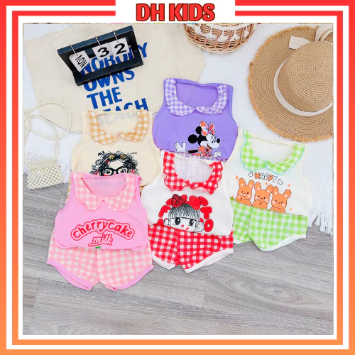 [A04M] Đồ bộ bé gái cổ sen đính nơ vải caro chất thun tăm lạnh mềm mát cho bé từ 4 - 16kg - DH KIDS