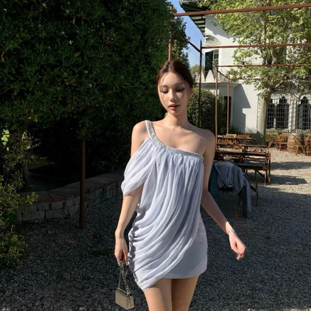 TIBU - Đầm Body Tiểu Thư Lệch Vai Nhún Xéo Lạ Mắt Sang Chảnh Dự Tiệc Đi Chơi Biển Mùa Hè D735