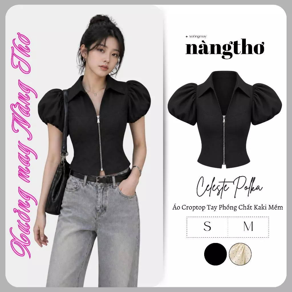1203 Celeste Polka-Áo Sơ Mi Khoá Kéo Croptop Tay Phồng Phía Sau Bo Chun Chất Kaki Mềm