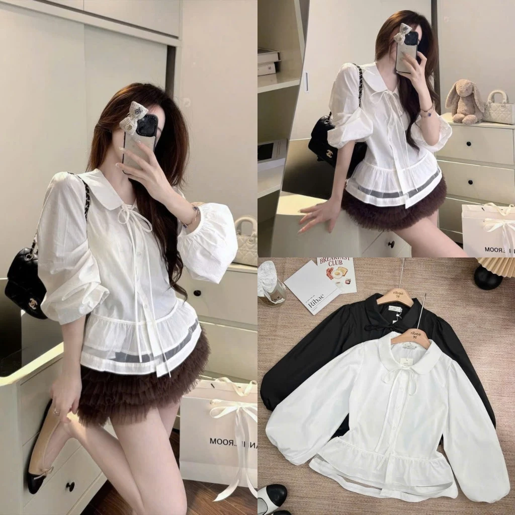 (Áo Sơ Mi Nữ): Áo Sơ Mi Cổ Sen Dây Nơ Tay Bồng Chiết Eo Nhẹ Mix Chân Lưới 2 Màu Basic Dễ Phối Đồ-Ảnh Thật Lollaye