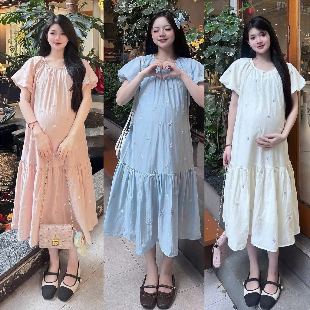 Đầm váy bầu thiết kế dáng dài MAMI MS275 váy bầu suông thiết kế chất liệu tơ thêu cao cấp cho mẹ bầu mặc đi làm đẹp xin