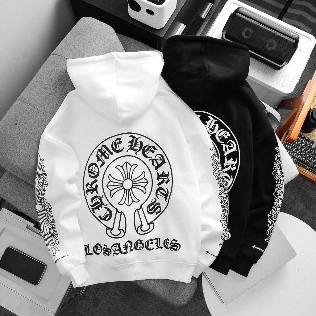 Áo hoodie unisex C.H.R.O.M.E H.E.A.R.T streetwear nỉ dày dặn , có mũ , có túi trước phong cách Hàn Quốc , 100kg - 3bros