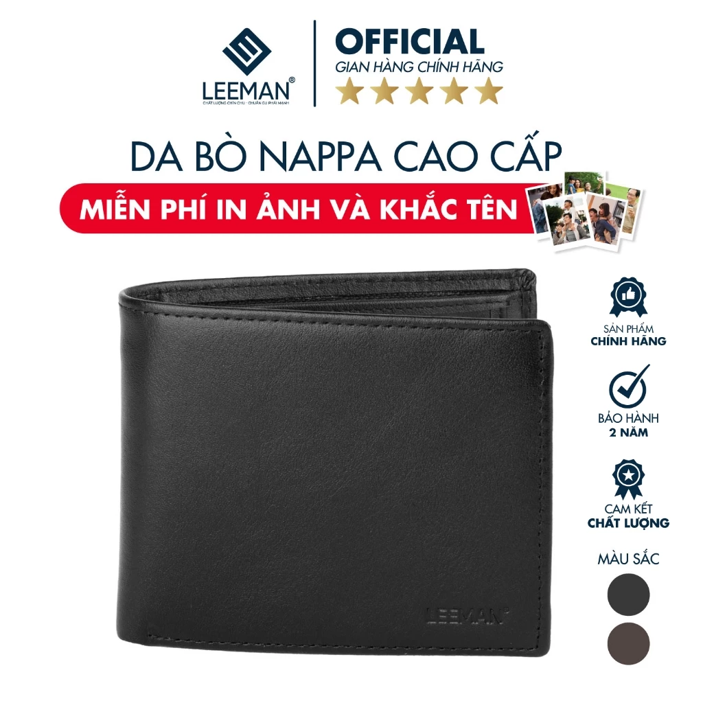 [Có Khắc Tên] Ví Nam Da Bò Nappa Chính Hãng Leeman V126 Bóp Nam Da Thật Có Khóa Kéo Hộp Làm Quà Tặng