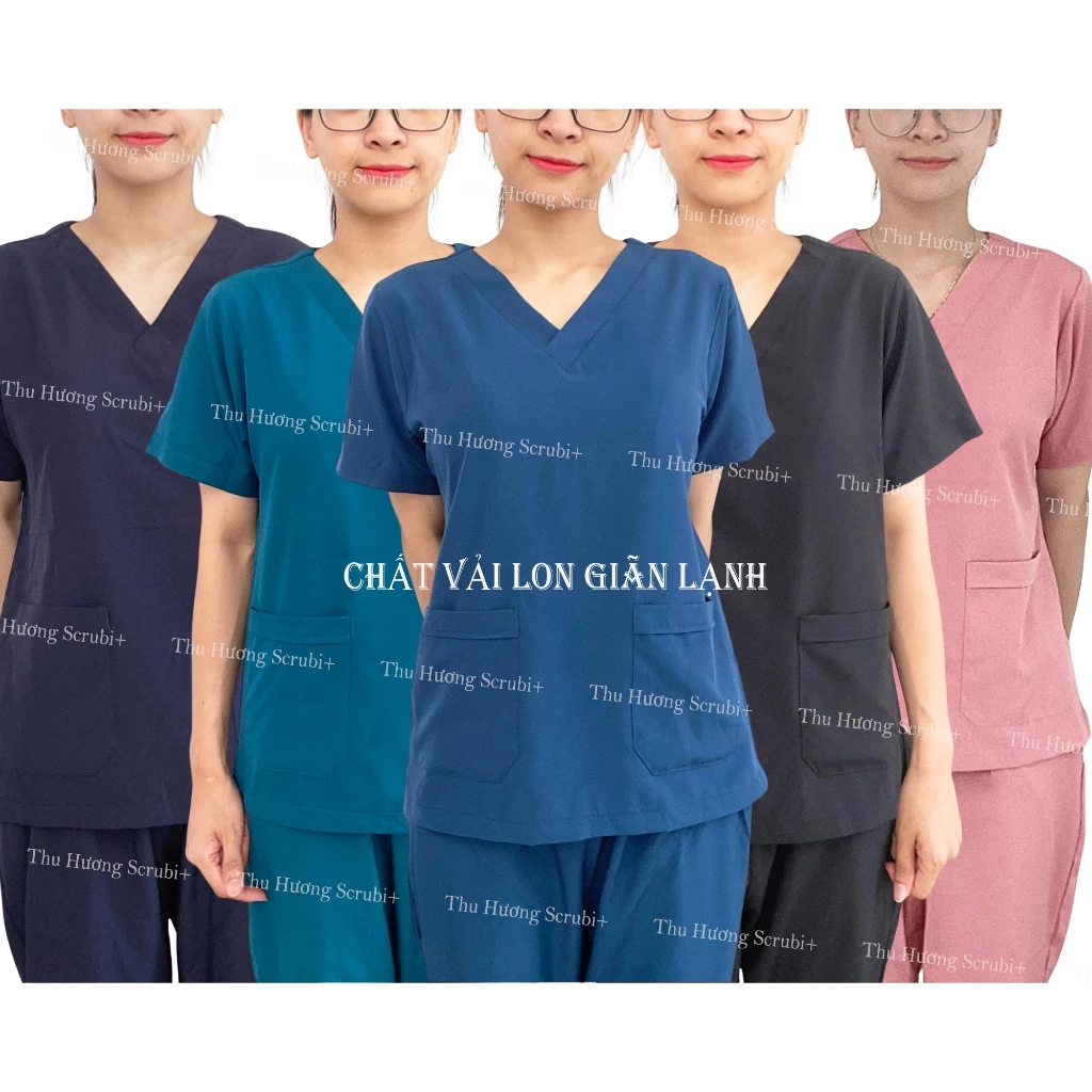 Bộ Scrubs cổ tim Vải Lon Giãn, bộ lon nhật mầm non, bệnh viện, quần áo phẫu thuật, áo blu bác sĩ, Women