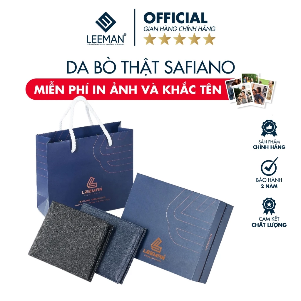 [Có Khắc Tên ] Ví Nam Da Safiano Cao Cấp Chính Hãng LEEMAN B129 Bóp Nam Da Bò Thật Thiết Kế Nam Tính