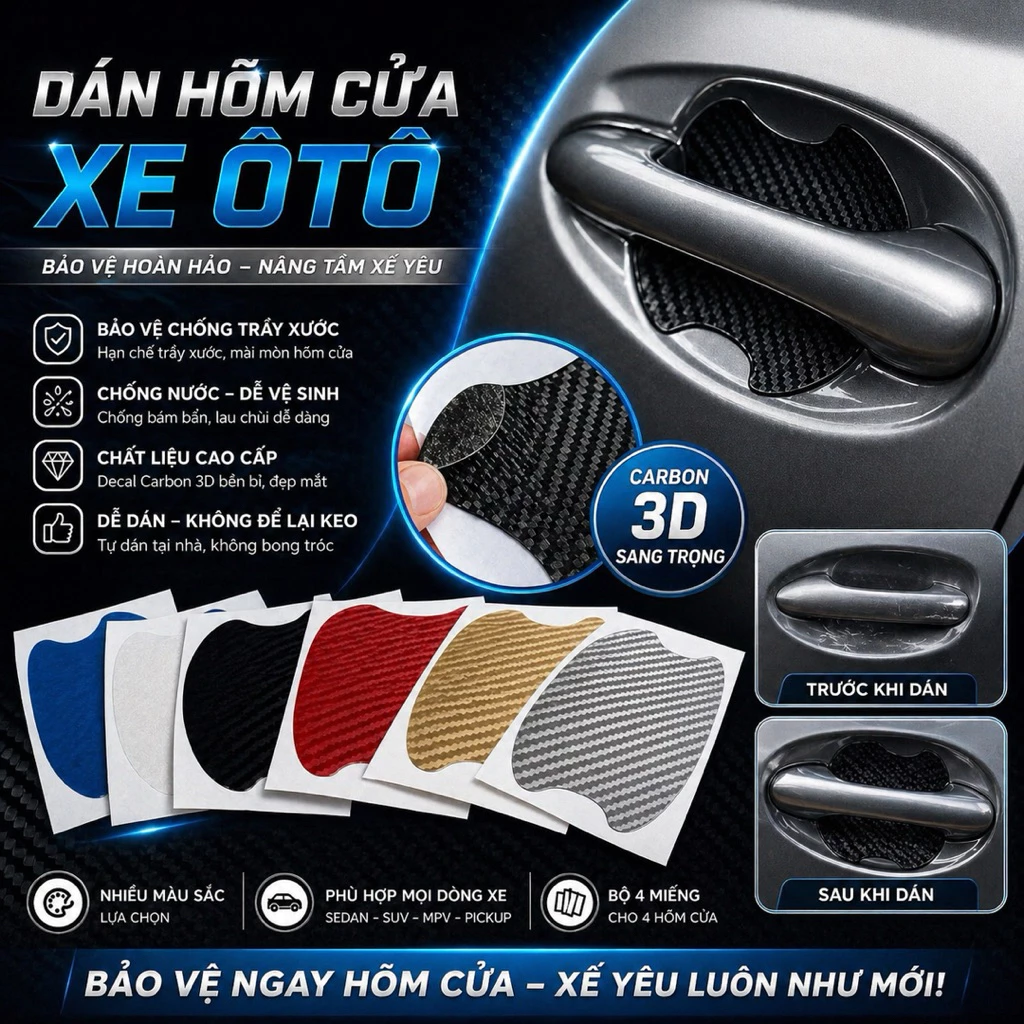 ( Mỏng- Vân carbon ) Miếng Dán Chống Xước Tay Nắm Cửa Ô Tô – Decal Bảo Vệ Hõm Cửa Xe Chống Trầy, Dán Trang Trí Đa Màu