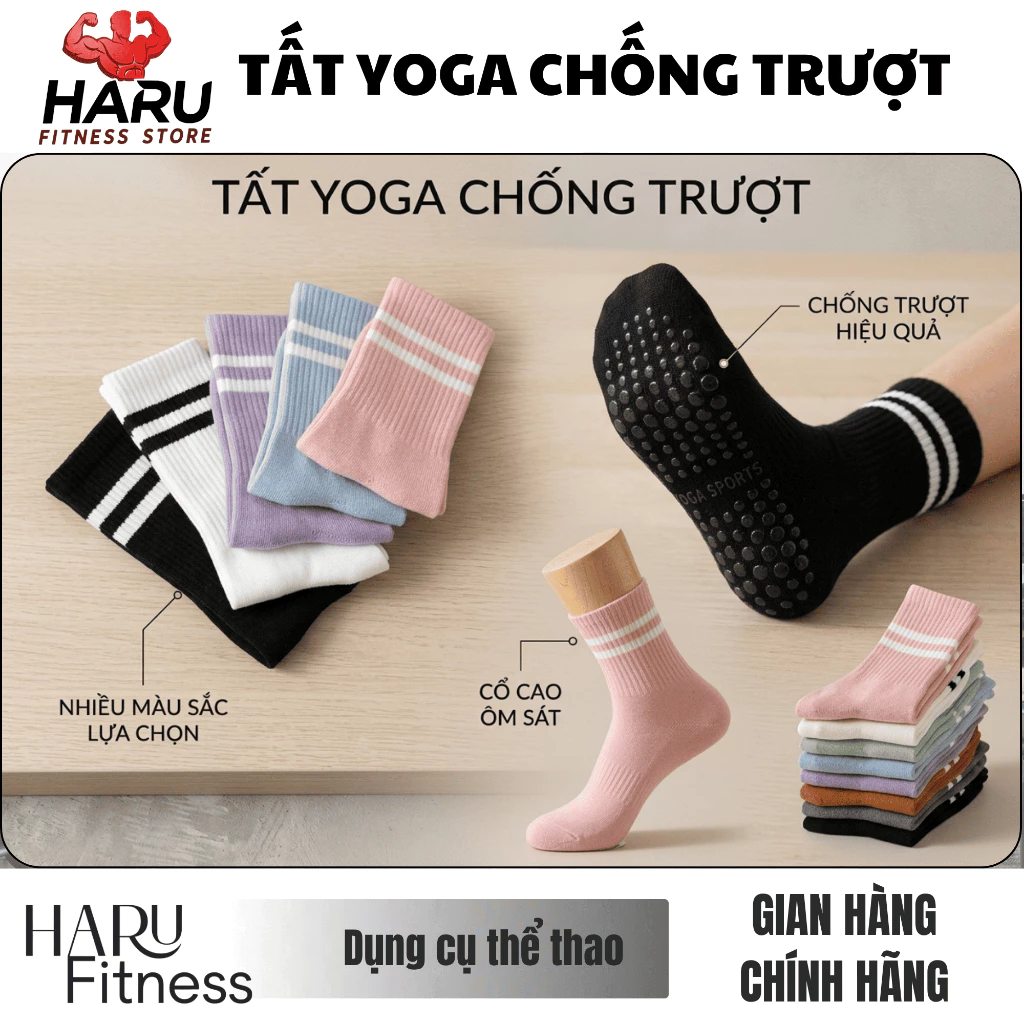 Tất Yoga Chống Trượt Cổ Cao Silicon HARU - Vớ Pilates Gym Thoáng Khí Bám Dính Đa Màu HR23