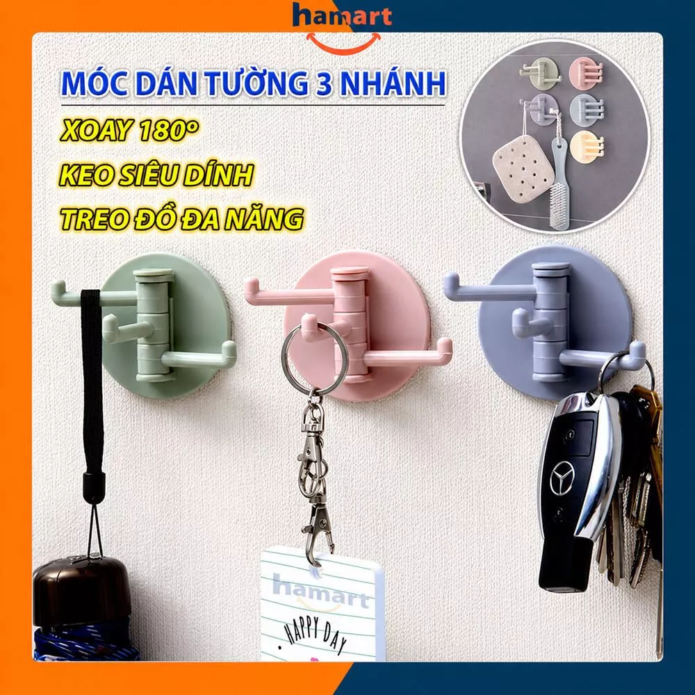 Móc Nhựa Dán Tường 3 Nhánh Xoay 180° 3IN1 Kèm Miếng Keo Dính Treo Chìa Khoá Vật Dụng Nhỏ Đa Năng