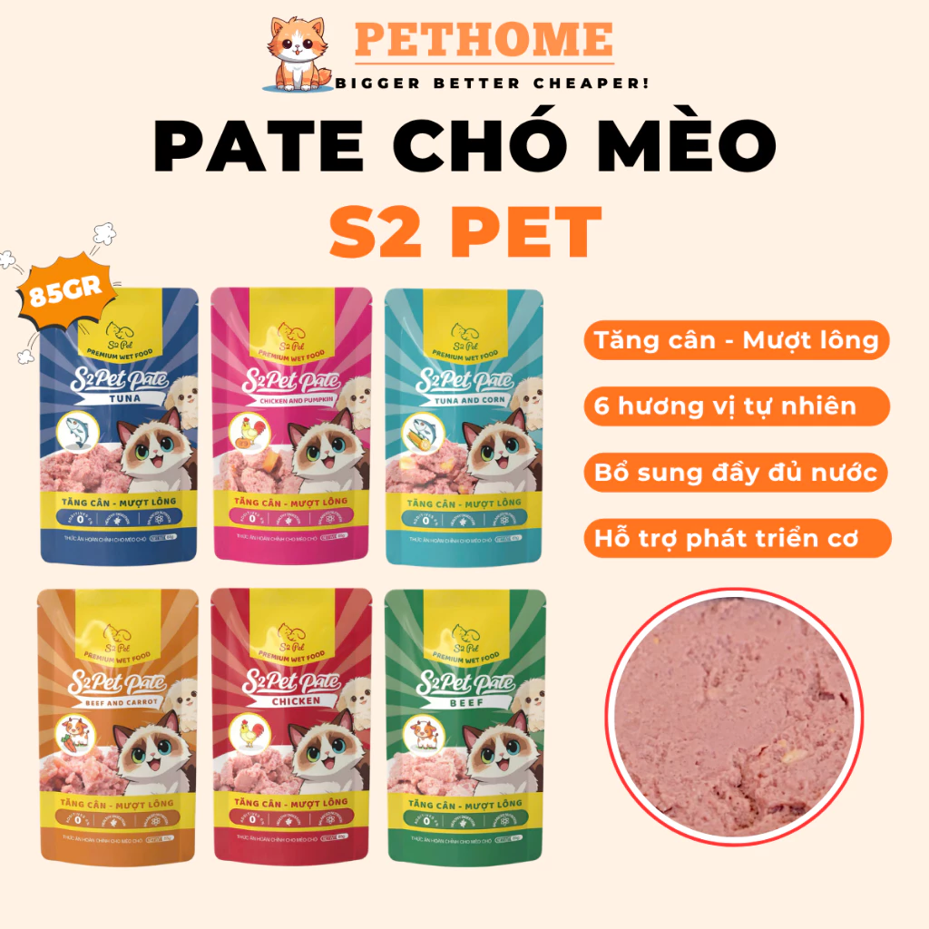 Pate S2Pet 85g Dạng Gói Cho Chó Mèo Dạng Sốt Mềm Bổ Sung Nước Dễ Tiêu Hóa Nhiều Vị