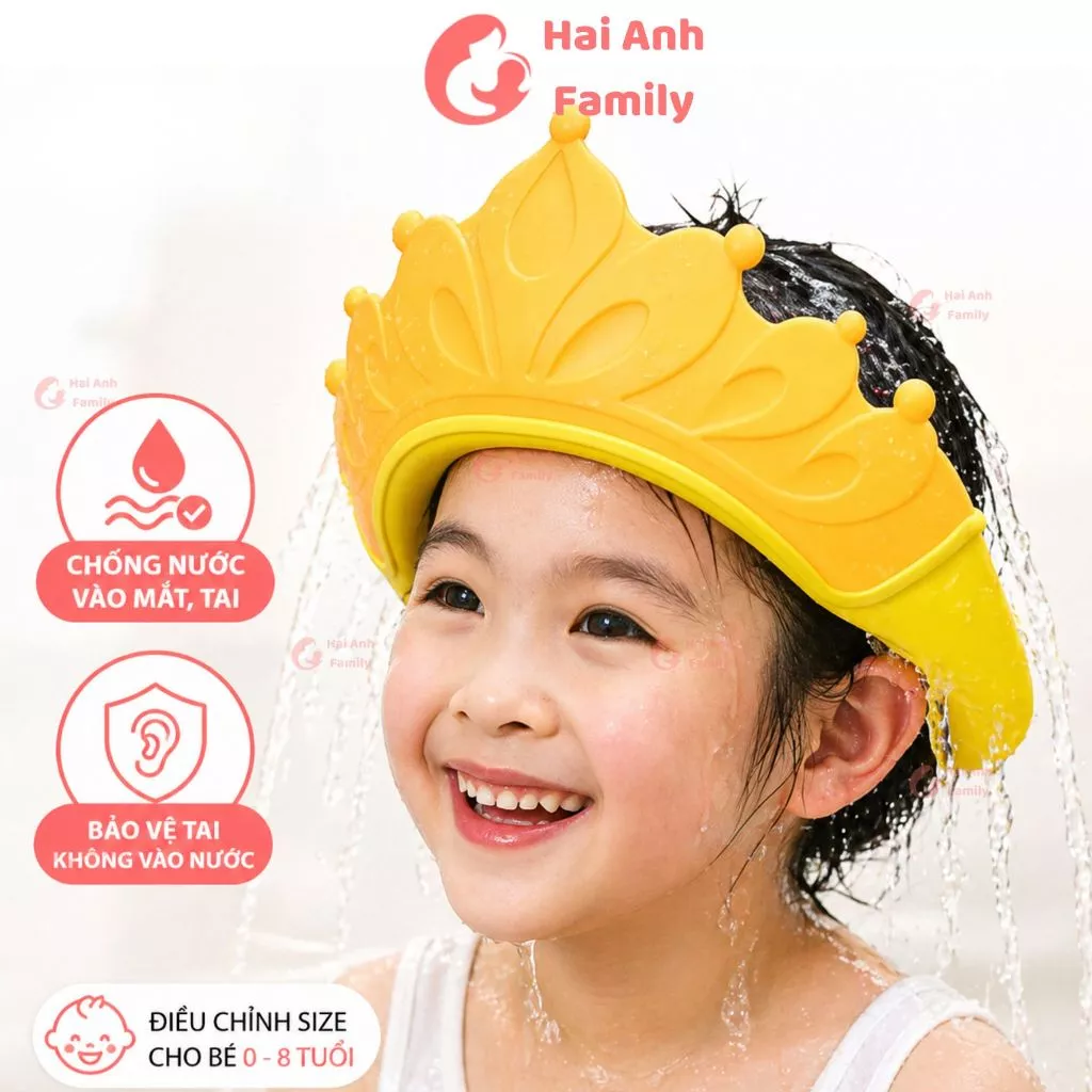 Mũ gội đầu viền silicon cao cấp, chống nước vào tai và mặt bé, điều chỉnh size cho bé 0-8 tuổi