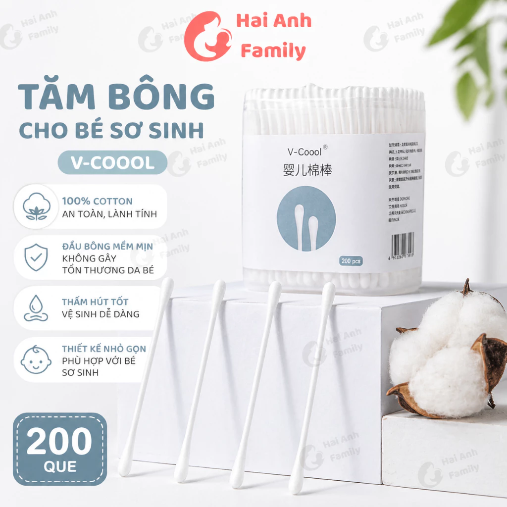 Tăm bông cho bé sơ sinh V-Coool hộp 200 que
