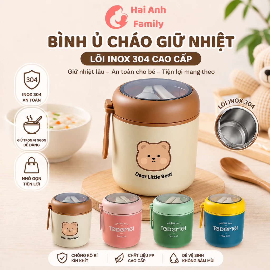 Bình ủ cháo, giữ nhiệt lõi inox 304 TEDEMEI dùng mang cháo ra ngoài cho bé hoặc cơm văn phòng