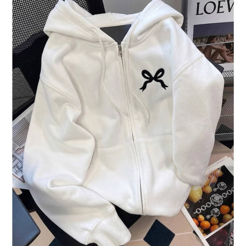 Áo Khoác Hoodie Zip Nỉ Dày Form Rộng In Nơ Dễ Thương – Có Mũ, Khóa Kéo, Phong Cách Hàn Quốc ( có túi trong )