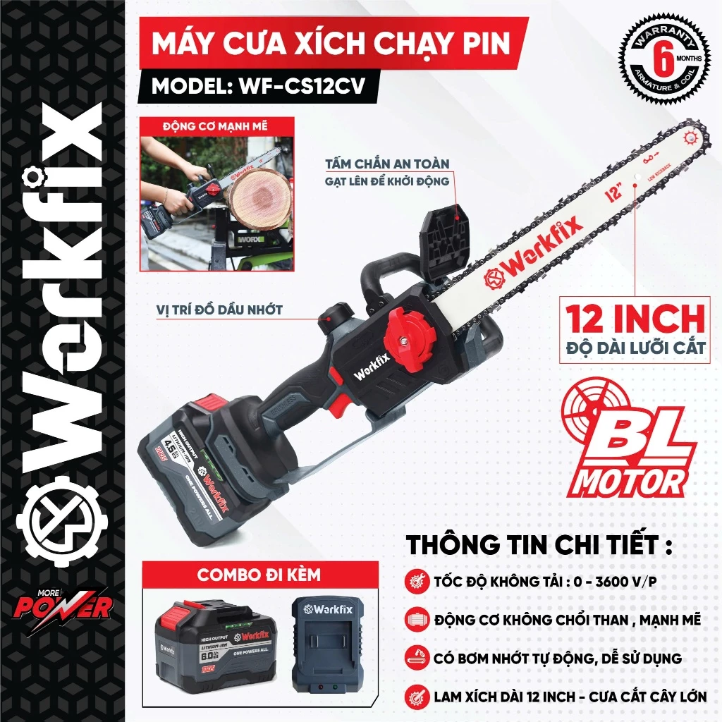 [Kèm Xích Lẻ] Máy Cưa Xích 12inch WF-CS12CV Workfix Pin 15CELL Tra Nhớt Tự Động, Cưa Gỗ, Cắt Cây,..