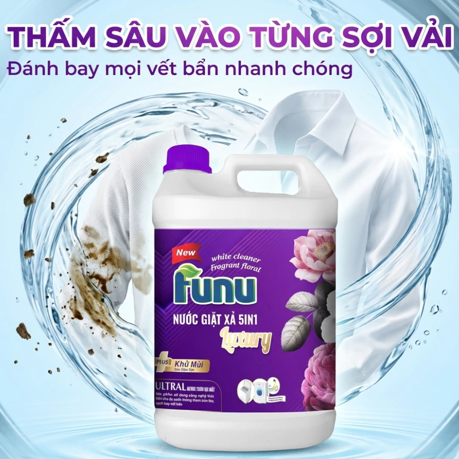 Nước Giặt Xả FUNU 5kg Hương Nước Hoa Cao Cấp – Lưu Hương 24h, Giữ Bền Màu, Sạch Nhanh