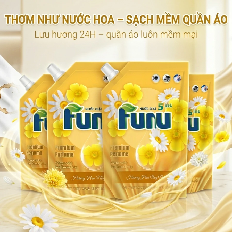Thùng 4 Túi Nước Giặt Xả FUNU Vàng Hương Nước Hoa Pháp Cao Cấp Lưu Hương 24H, Giữ Bền Màu Quần Áo