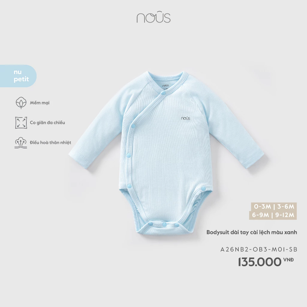 Nous Baby Bodysuit, body chip dài tay, bộ liền cài lệch bé trai bé gái trơn basic chất petit mềm mịn dưới 10.5kg BST T5