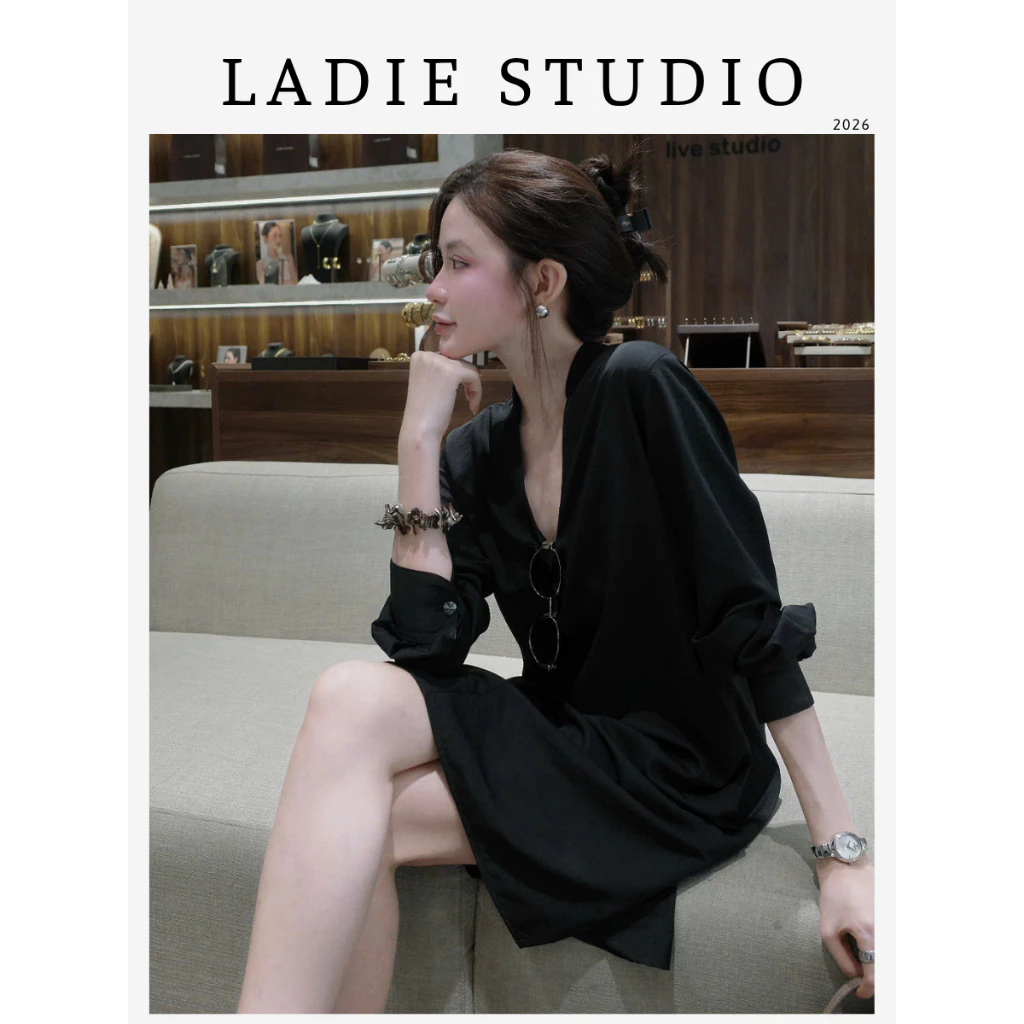 [LADIE STUDIO] Đầm sơ mi nữ cổ V tay dài – váy suông rộng thanh lịch dễ mặc DAM01