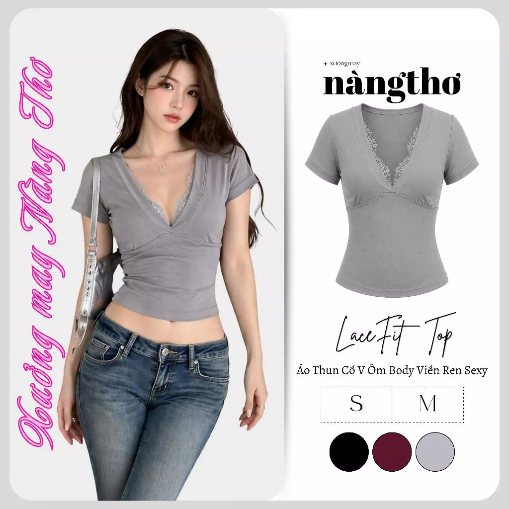 401 LaceFit Top-Áo Thun Cổ V Ôm Body Phối Viền Ren Chất Thun Cotton Co Dãn