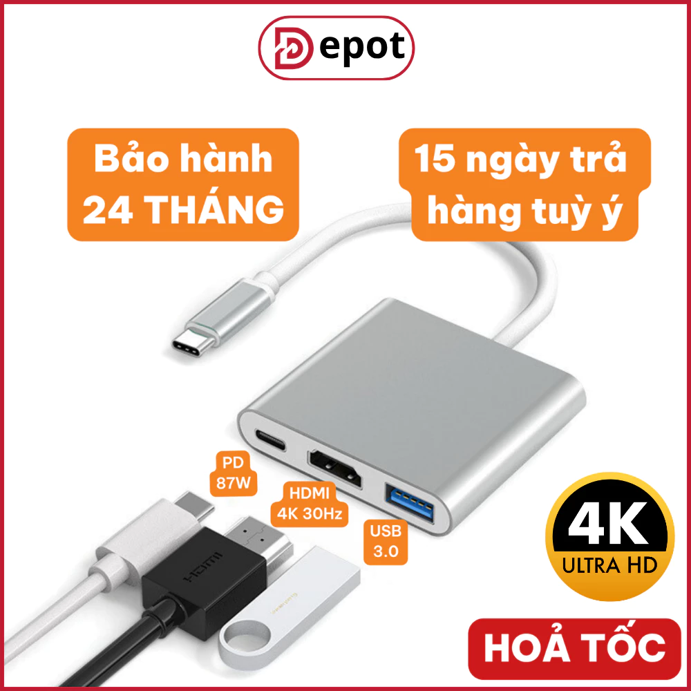 Hub Type C 3 trong 1 to HDMI 4K cho Macbook/iPad/Laptop, Hub chuyển đổi type C sang HDMI, Cổng chuyển đổi Type C.