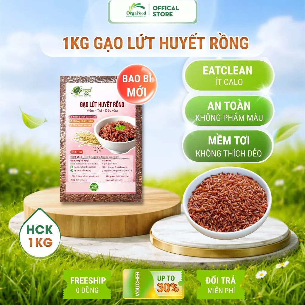 Gạo lứt huyết rồng Orgafood túi 1kg cho người ăn kiêng, giảm cân, tiểu đường