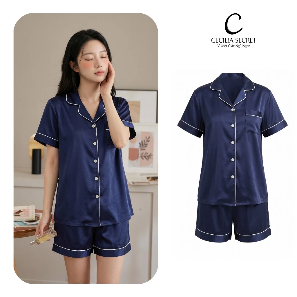 Đồ Bộ Pyjama Nữ CECILIA Mặc Nhà Tay Ngắn Quần Ngắn Chất Liệu Lụa Cao Cấp Thoáng Mát