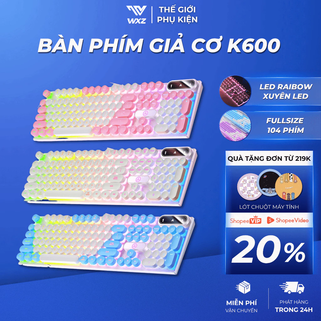 Bàn Phím Giả Cơ Gaming K600 LED Rainbow Fullsize 104 Phím Tròn Xuyên LED, Gõ Êm, Dùng Cho PC Laptop