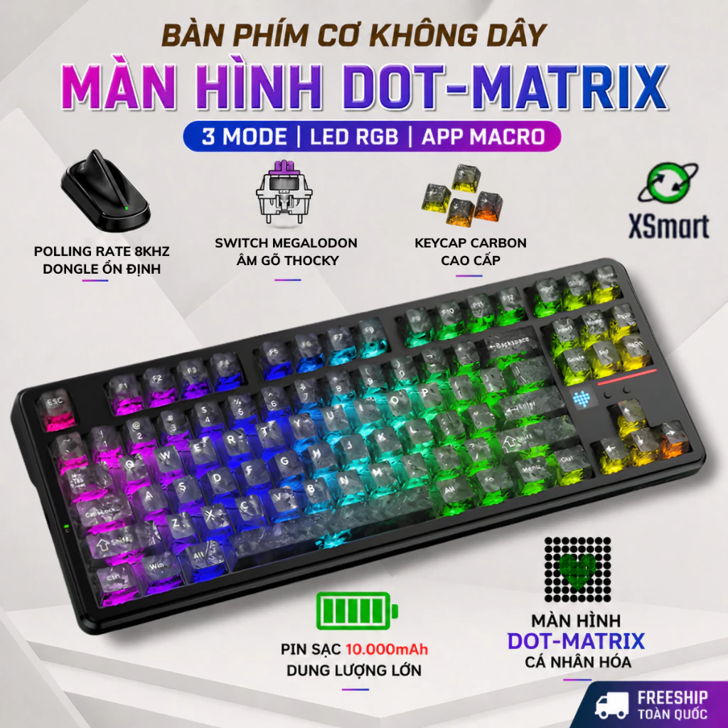 Bàn Phím Cơ Không Dây Attack Shark X87 Ultra Dongle 8KHz, Màn Hình Dot Matrix, Pin 10000mAh, LED RGB