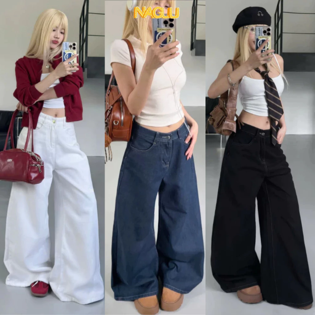[DEAL MỞ BÁN] Quần Jeans Suông Đen Chỉ Nổi Basic NAGUU Chất Dày Dặn, Quần Bò Đen Ống Rộng Hot Trend
