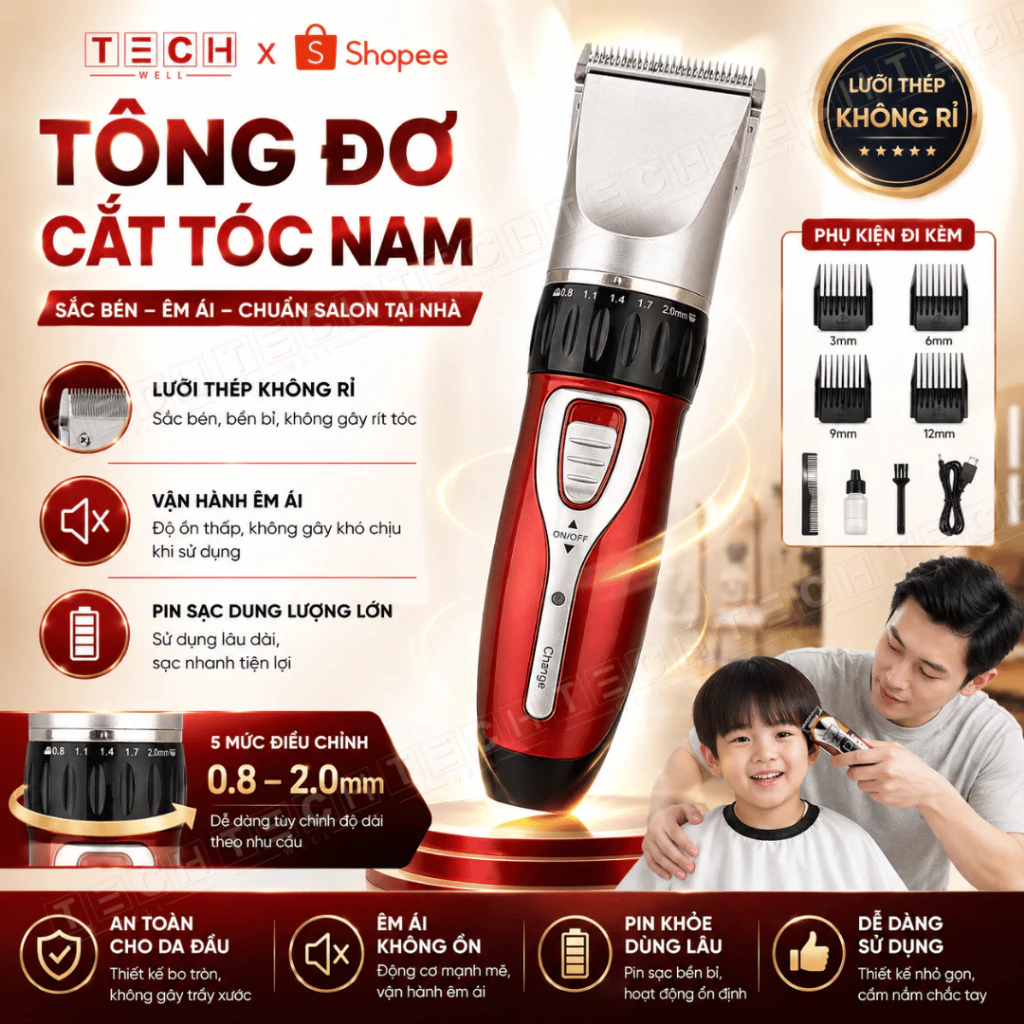 Tông Đơ Cắt Tóc Nam Cao Cấp, An Toàn Cho Trẻ, Lưỡi Bén, Sạc USB Tiện Lợi Tặng Kèm Phụ Kiện Tiện Dụng