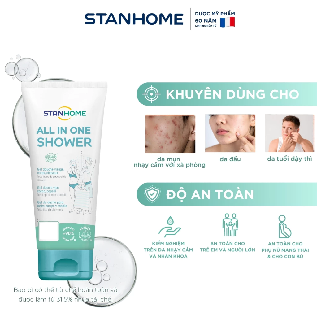 Rửa mặt, tắm, gội 3 trong 1 cho da dầu mụn, mụn lưng ngực, tóc bết Stanhome All In One Shower Gel 200ml