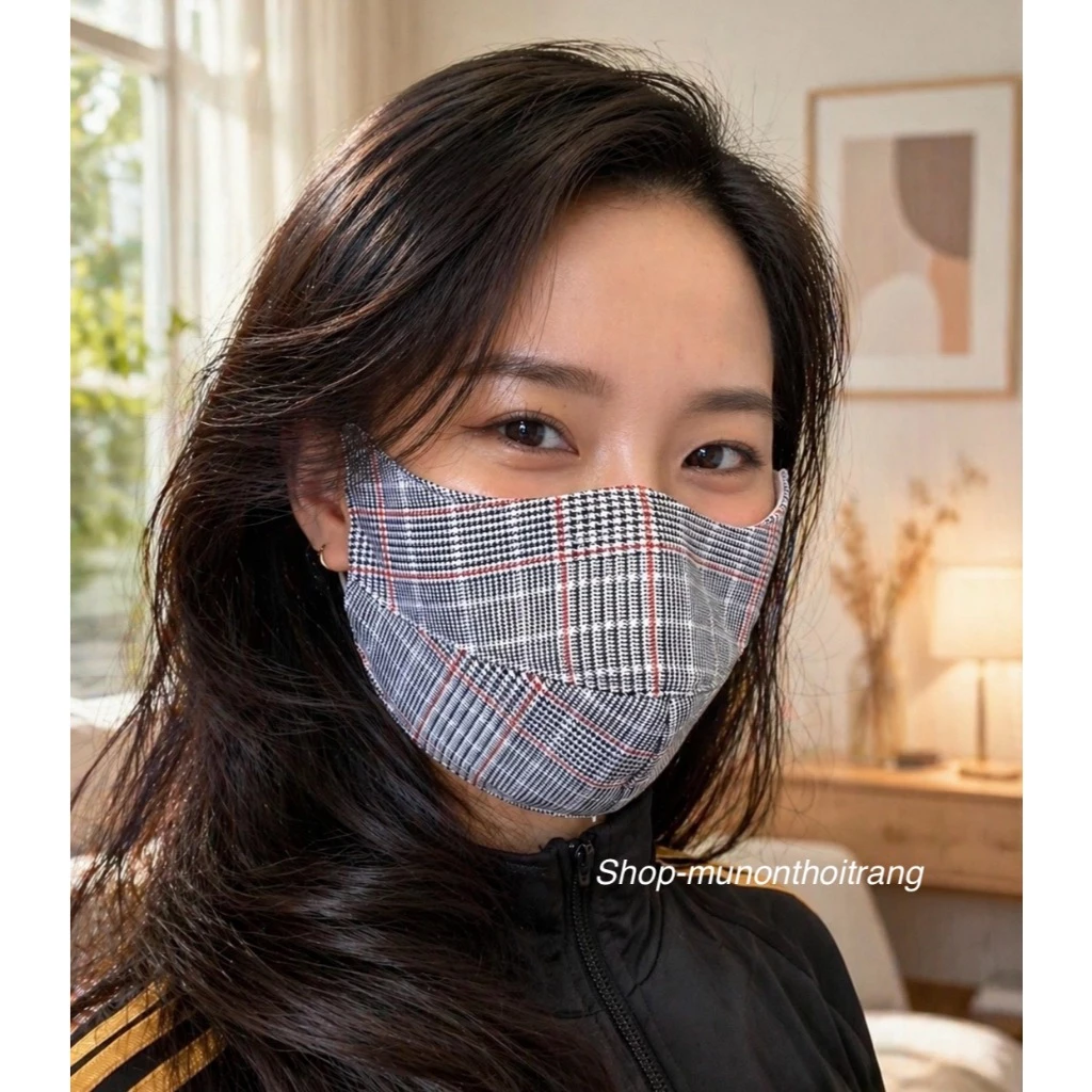 Khẩu trang vải chống nắng tai mèo mũi kẽm dây rút họa tiết kẻ sọc, Khẩu trang chống nắng tái sử dụng