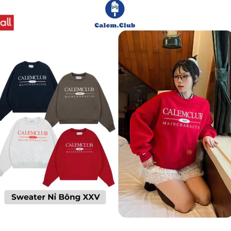 CHÍNH HÃNG Calem.Club - Áo Sweater XXV MAIN CHARACTERchất nỉ bông họa tiết chữ thêu form boxy unisex nam nữ