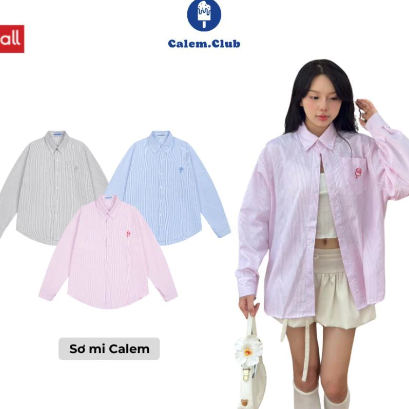 CHÍNH HÃNG Calem.Club - Áo Sơ Mi Kẻ Sọc Tay Dài LOGO SHIRT chất vải Oxford Thêu Que Kem Form unisex nam nữ