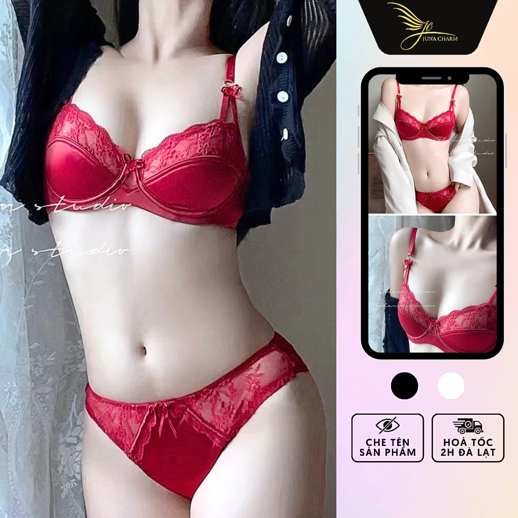 Bộ Đồ Lót Lụa Phối Ren Không Mút, Có Gọng Nâng Ngực JUNA Size 36/38 Thời Trang Đồ Lót Dành Cho Nữ, Màu Đỏ/Hồng/SP2228