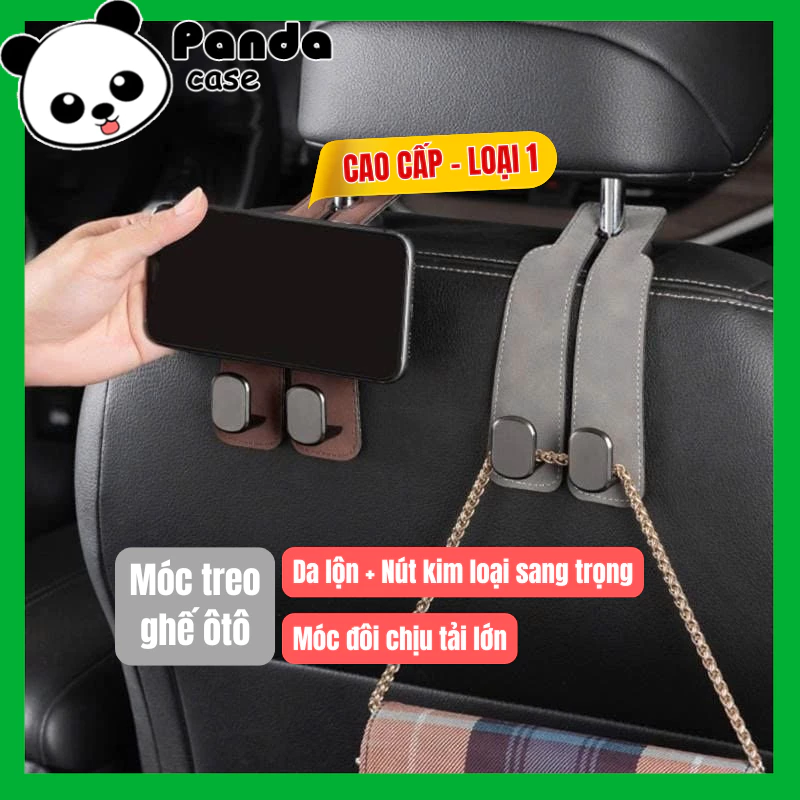 Móc treo ghế ô tô CAO CẤP da lộn móc kim loại gắn lưng ghế xe hơi móc đôi siêu chịu lực tích hợp giá đỡ điện thoại