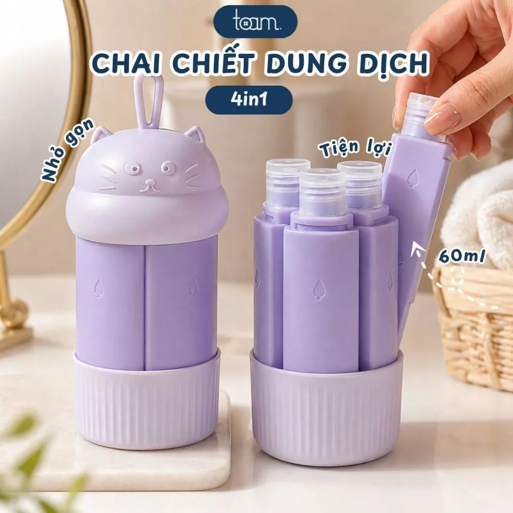 Bộ Chai Chiết Mỹ Phẩm Du Lịch 4in1 60ml, Bình Đựng Dầu Gội Sữa Tắm Silicone, Chống Rò Rỉ, Gọn Nhẹ Tiện Lợi