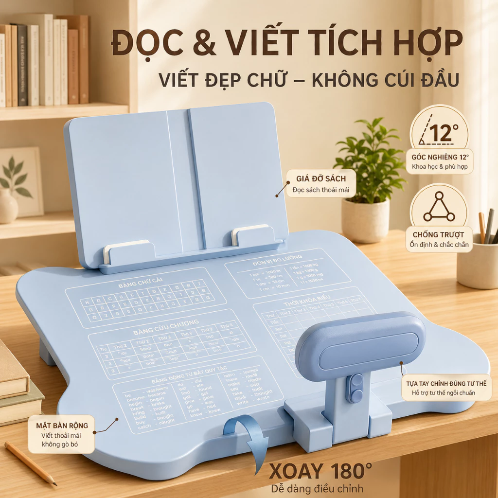 Bàn Học Chống Gù Chống Cận – Mặt Bàn Nghiêng Thông Minh Xoay 180° Cho Học Sinh