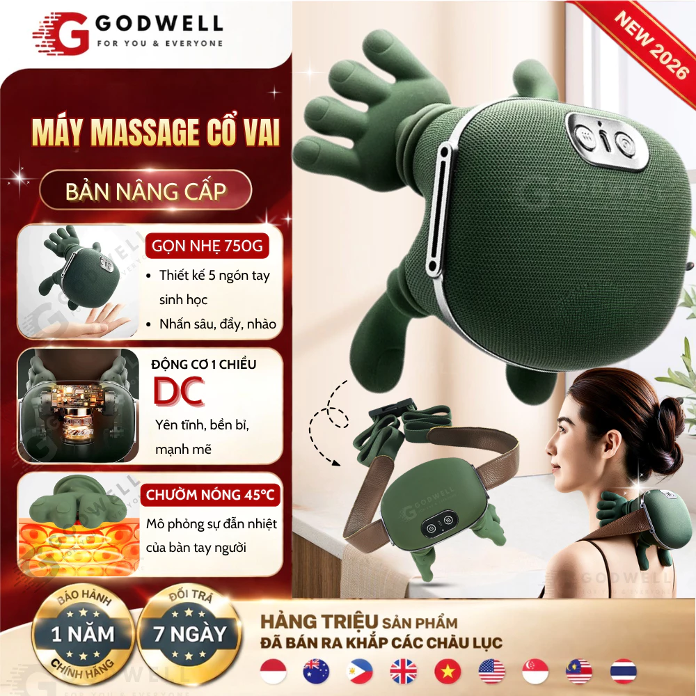 Máy Massage Cổ Vai Gáy Siêu Nhẹ 0,76kg Mô Phỏng Bàn Tay Người, Chườm Ấm 45°C Giảm Đau Mỏi Hiệu Quả