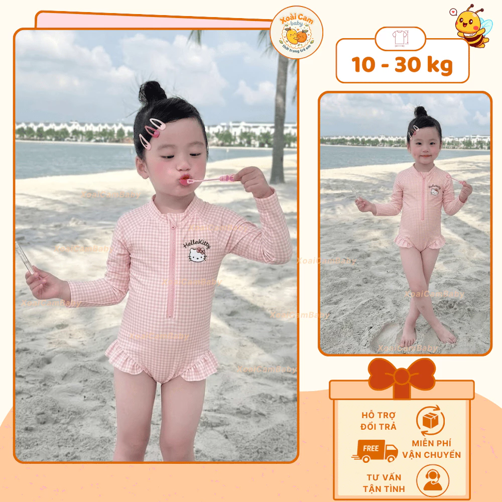 Bộ bơi bé gái hồng Hello Kitty dài tay chống nắng, đồ bơi trẻ em dễ thương, co giãn 4 chiều thoải mái cho bé - M27
