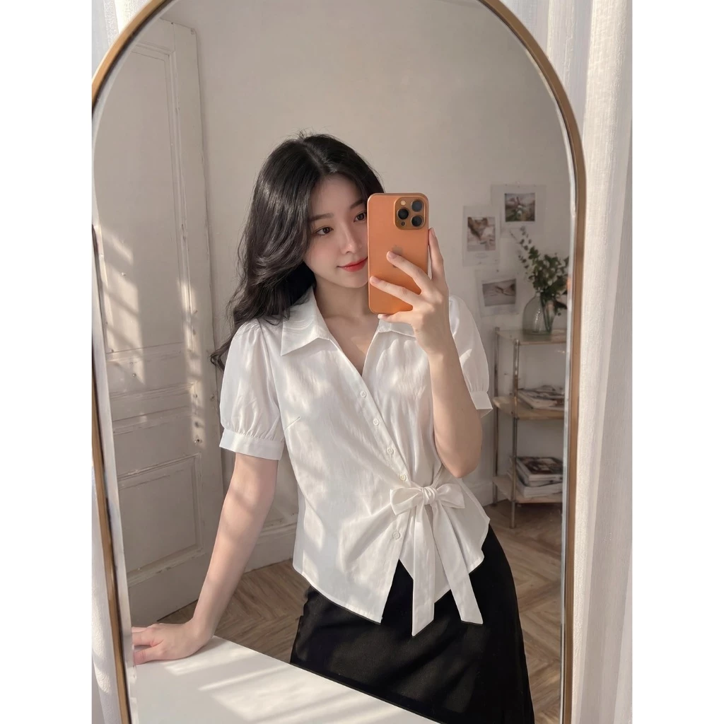 Áo SƠ mi vạt chéo buộc nơ eo  , chất liệu mềm mại thoáng mát, phù hợp đi làm đi chơi  với 4 màu nổi bật xinh xinh B3
