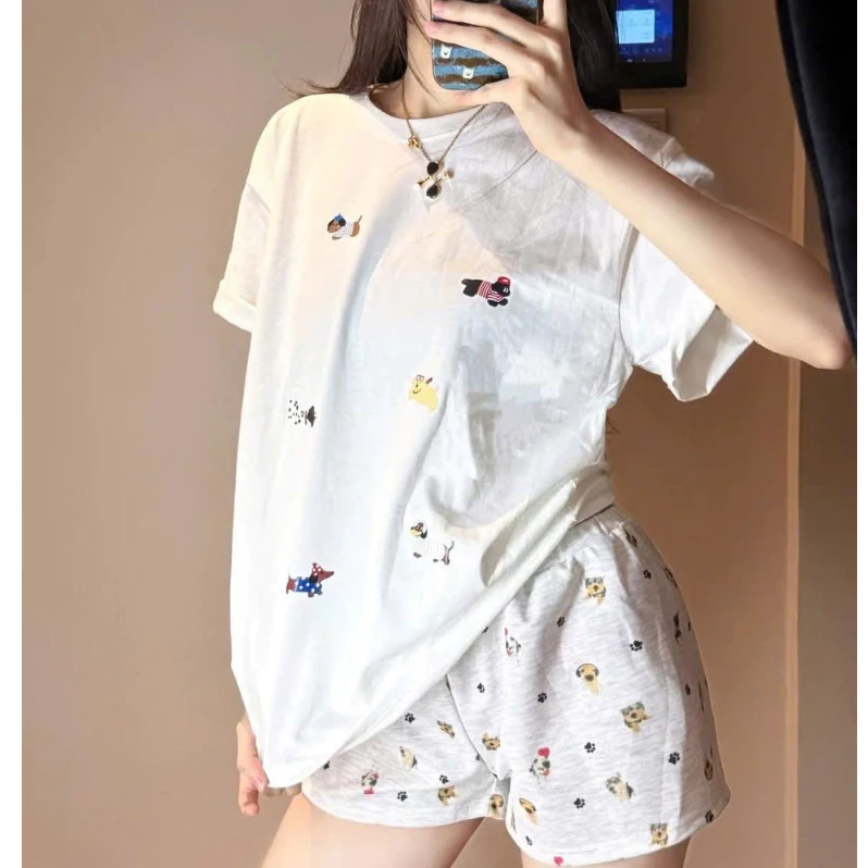 Set Đồ Bộ Nữ Áo Thun Sọc In Hình Hoạt hình dễ thương + Quần Short Dây Rút Ôm Body – Đồ Mặc Nhà / Đi Chơi Xinh Xắn