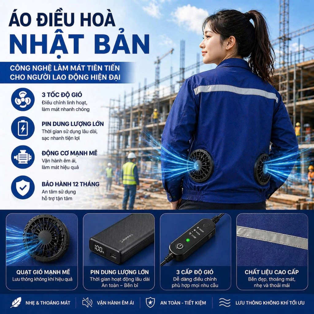 Áo điều hoà Nhật Bản chính hãng pin 94000mAh sử dụng 14-16h, quạt 18v làm mát nhanh, Áo quạt gió chống nắng hiệu quả